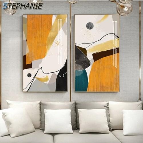 Abstract Black Line Yellow Canvas Painting Nordic Brown Color Block Wall Art Home Decor Fashion Print N Poster for Living Room
