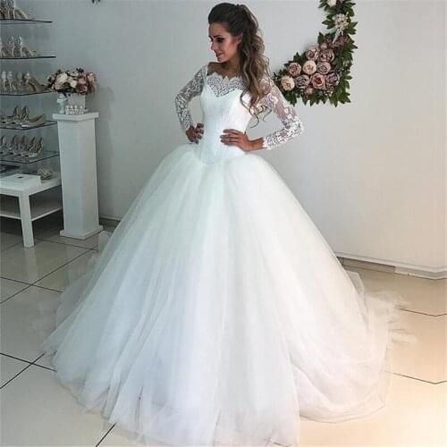 An042 Best Selling Ball Gown Simple White Wedding Dress Elegant Lace Long Sleeves Wedding Dress Formal Bride Dresses