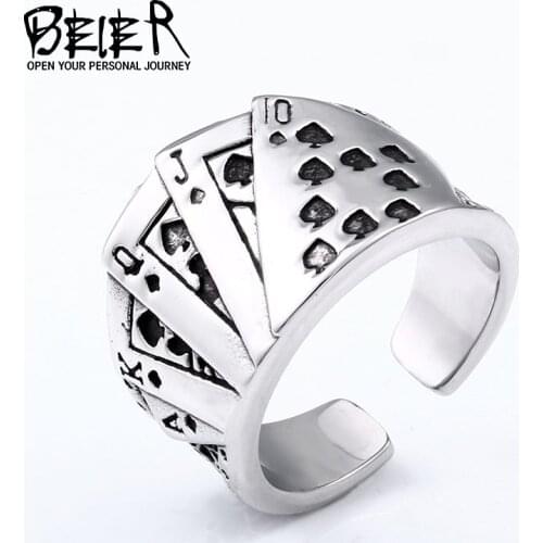 Beier 316L Stainless steel Stylish Adjustable Flush Mens Ring Classic Poker Rock Jewelry Gift BR8-730