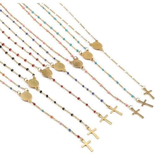Religious Link Cable Chain Necklace Stainless Steel Cross Pendant Virgin Mary Enamel for Women Jewelry Gifts 49cm long, 1 Piece