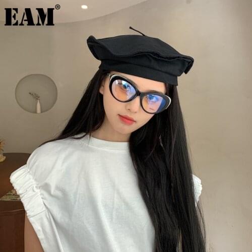 [EAM] Women Black Blue Shaped Fishermen Hat New Round Dome Temperament Fashion Tide All-match Spring Autumn 2021 1DE1315