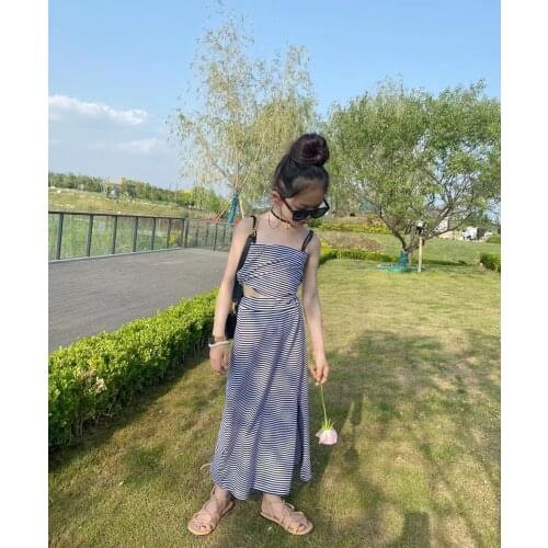 Two piece set girls outfits crop top vest long skirt maxi split striped open back streetwear kids clothes fashion 3 to 16 yrs