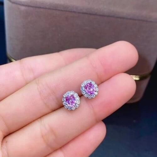 Fashion round Sun flower Natural pink sapphire ear nails S925 silver natural gemstone stud earrings women party gift jewelry