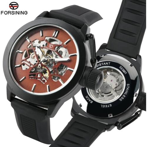 Fashion Stainless Steel Case and Silicone Band Mechanical Watch for Men Sport Automatic Skeleton Watches Gift for Teenagers