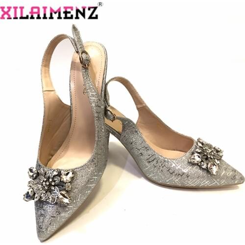 Latest Design Silver Color Italian Ladies Shoes Decorated with Rhinestone Nigerian Party Sandals for Women Wedding Shoes