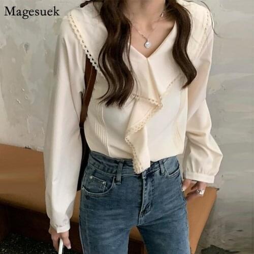 New Fashion Elegant White Blouse Women 2021 Ruffles Vintage Long Sleeve Top Women Casual V-neck Vintage Shirts Women Blusa 11930