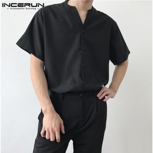 INCERUN Short Sleeve Shirt Men V Neck Button Up Solid Color Casual Blouse Streetwear Korean Style 2021 Fashion Camisa Masculina