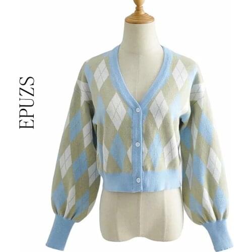 Cardigan Sweater Vintage V-Neck Argyle Long Sleeve Knitted Sweater Fashion Slim Sweet Cute Elegant Warm Chic Top Autumn Winter