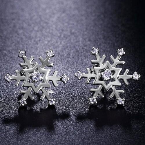 Unique Snowflake Party Stud Earrings Rose Gold Color Fashion Brand Cubic Zirconia Jewelry HotSale Winter Gift For Women E215