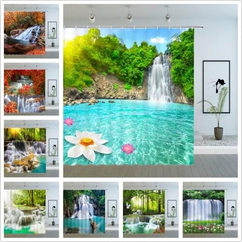 Waterfall Shower Curtains Natural Scenery Water Flower Plant Forest View Red Leaf Bathroom Decor Cloth Hanging Curtain Sets