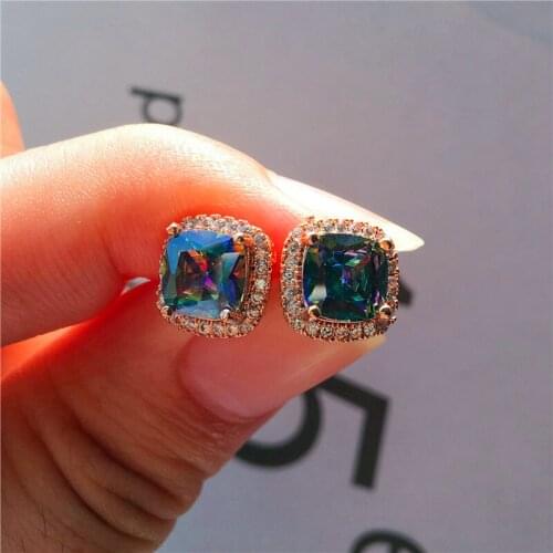 Mystery Female Rainbow Colorful Zircon Stone Earrings Rose Gold Stud Earrings Jewelry Vintage Wedding Earrings For Women