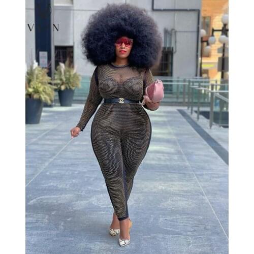 VAZN 2021 Autumn Sexy Club Plus Size High-end Diamonds Classic Black Full Sleeve Women Skinny High Waist Pencil Jumpsuits