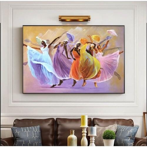 Abstract African Dancing Woman Canvas Painting Figure Colorful Dress Umbrella Pictures For Living Room Home Wall Decor