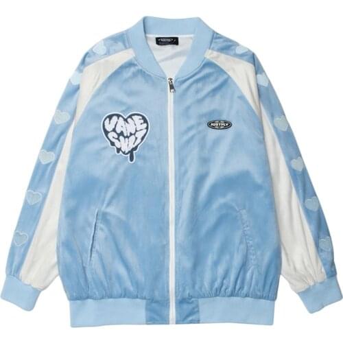 Velvet Baseball Uniform Jacket Women Autumn Long Sleeve Zipper Coat Harajuku Side Heart Print Man Bomber Jackets High Street