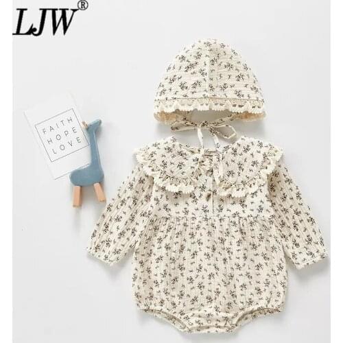 2021 spring and autumn baby long-sleeved floral hooded romper + lace hat baby big lapel romper bag fart suit