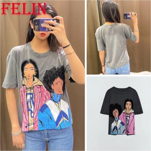 FELIN Za Summer High Quality 100% Cotton T-Shirts Women Vintage Charater Print Casual Short Sleeve Mujer Loose Graphic Tops
