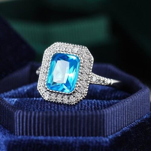 Fashion Aquamarine Stone Rings for Women with stamp 925 Silver color Square Blue Zircon Wedding Engagement Ring Jewelry
