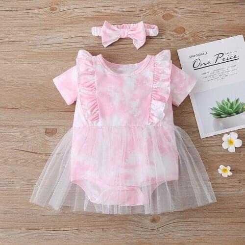 Newborn Baby Girls Romper Dress Mesh Lace Colorful Print Little Princess Party Dress Summer Costume with Headband Bow