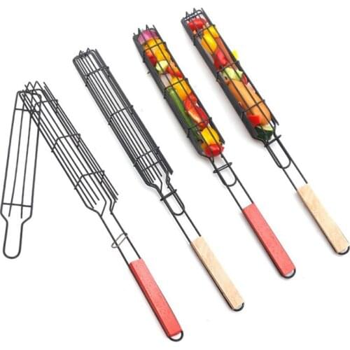 Picnic Camping Grilling Basket Skewers Stainless Steel Barbecue Tong BBQ Grill Rack Roaster Net Home Kitchen Barbecue Holder