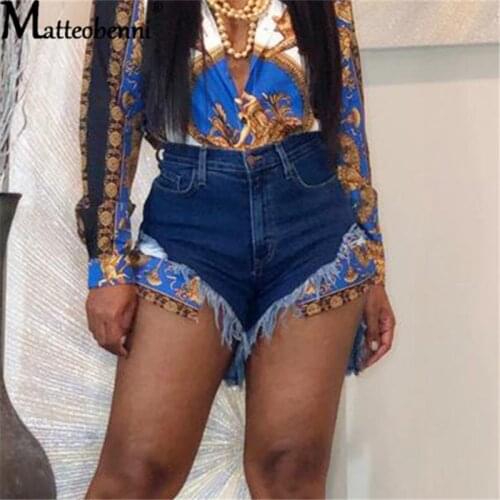 Summer Womens Ripped Frayed Tassel Button Jeans Shorts Ladies Fashion Sexy High Waist Casual Deep Blue Streetwear Denim Shorts