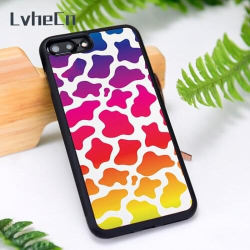 LvheCn Silicone Rubber Phone Case Cover for iPhone 6 6S 7 8 Plus X XS XR 11 12 Mini Pro Max Cow Print Rainbow Animal