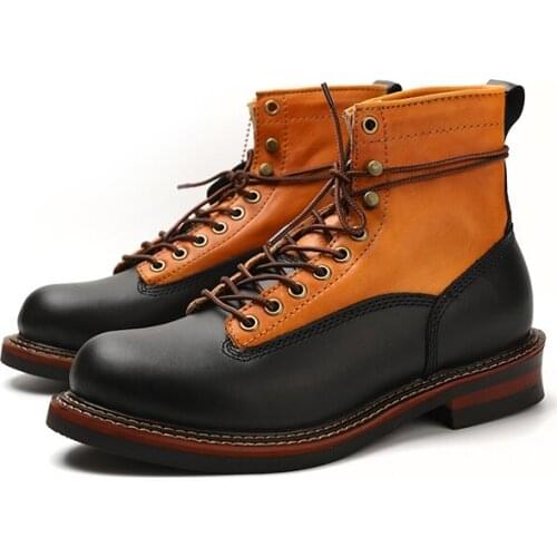 New Handmade Vintage British Men Boots Casual Cow Leather Shoes Mixed Colors Work Tooling Ankle Boots Motorcycle Boots Platform