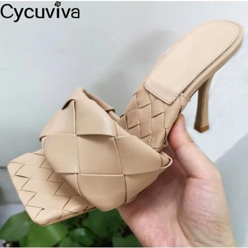 New Woven Big Braid Leather Mules Lido High Heel Sandals Women Square Toe Slippers Nude Designer Slides Brand Ladies Shoes Women