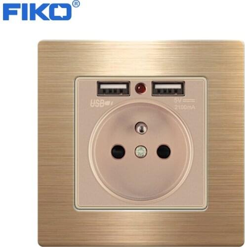 FIKO 16A France plug wall power socket with USB stainless steel panel Port Outlet Wall Charger Adapter LED Indicato