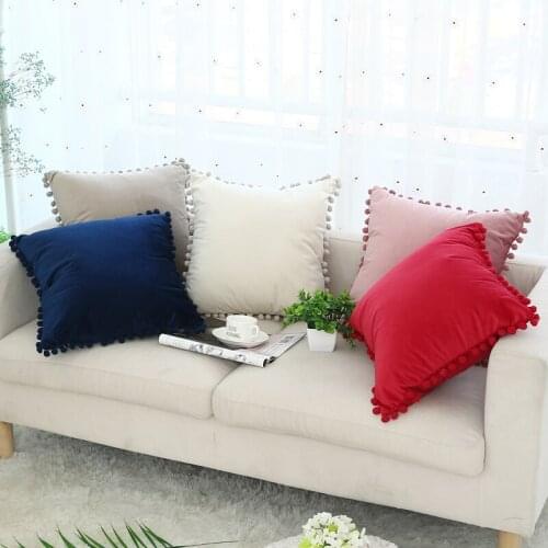 Cute Pompom Ball Pillow Cover Pink Red Blue Ivory Solid Cushion Cover Soft Velvet Home Decorative 45x45cm for Sofa Bed Chair