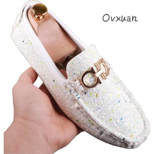 OVXUAN Bean Boots Gold Buckle Sparkle Sequin Leather Flat Heel Ankle Boots Luxury Casual Shoes Men Soft Botas Hombre 2021 Spring
