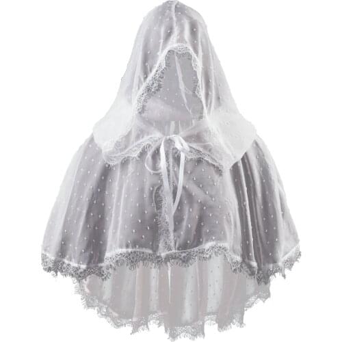 White Chiffon Hood Cape Women Lace Trim Hooded Cloak