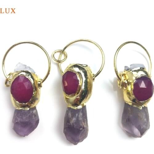Natural Raw Amethyst Crystal Pendant Clear Quartz Gold Plated Bar Pendant For Necklace Jewelry Elegant Purple Gems Jewelry Set