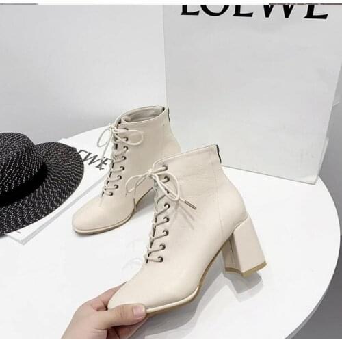 Luxury Brand Women Beige 7.5cm Block High Heels Ankle Boots 2020 Winter Female Square Toe Chelsea Boots High Quality Short Boots