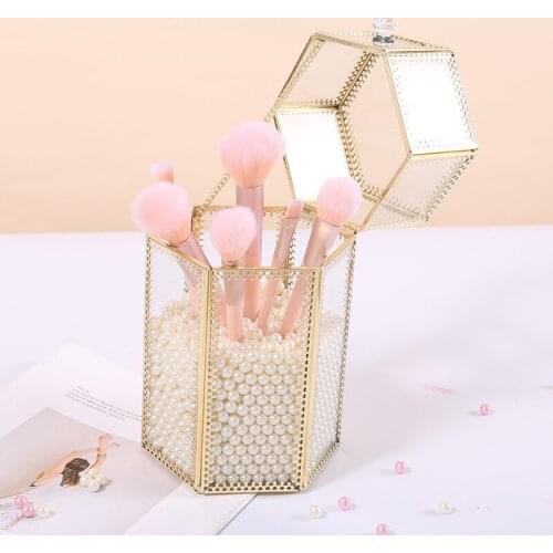 Hexagonal Makeup Brush Storage Box Women Cosmetic Bucket Office Desktop Covered Pencil Holder