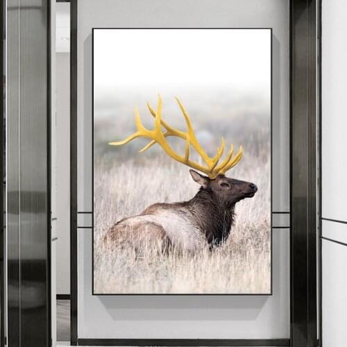 Nordic Animal Golden Horn Elk Canvas Painting Modern Poster and Prints Wall Art Pictures for Living Room Home Interior Decor