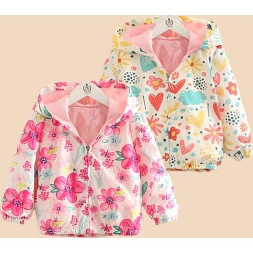 Baby Girls Spring/Autumn Zipper Jacket Childrens Lovely Cartoon Print Hooded Thin Coat Girls Outdoor Clothing 90-130cm