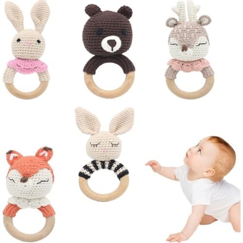 Crochet Wooden Ring Baby Teether Animal Rattle Chewing Teething Nursing Soother