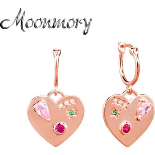Moonmory 100% 925 Sterling Silver Rose Gold Heart Pendant Earrings For Women Pink Water Drop Crystal CZ Wedding Party Jewelry