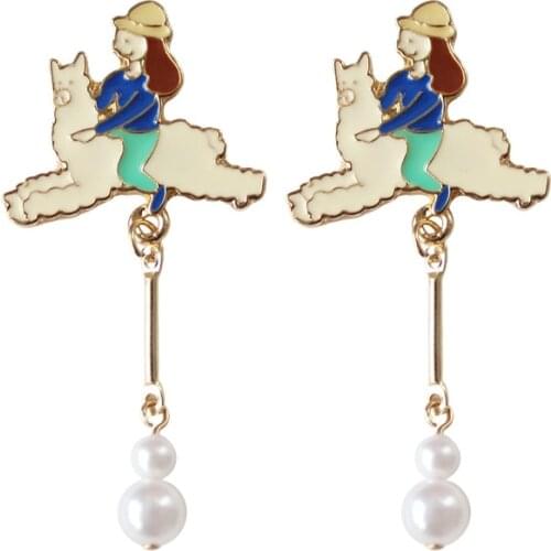 Personality Riding Rlpaca Cute girl Pearl Long Popular Tassel Enamel Earrings Womens Creative Fashion Jewelry Birthday Gifts