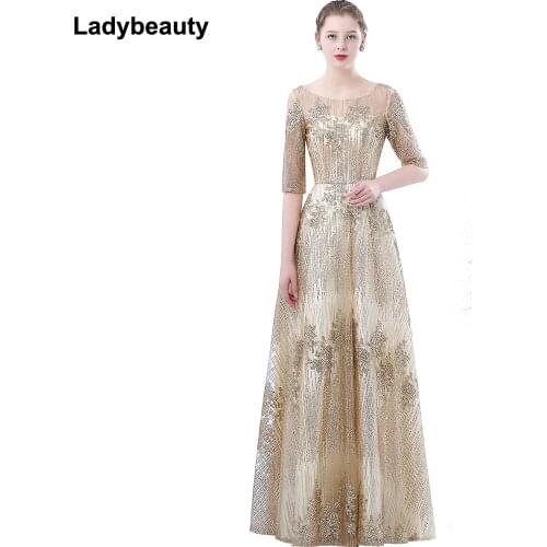 Ladybeauty New The Banquet Evening Dress Simple Elegant Champagne Half Sleeved Floor-length Formal Party Gown Robe De Soiree