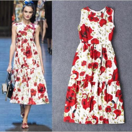 Women Summer Sweet Flower Print Cotton Dress Ladys Casual Plus Size Sleeveless Celebrity Runway Sicily Vacation Floral Dresses