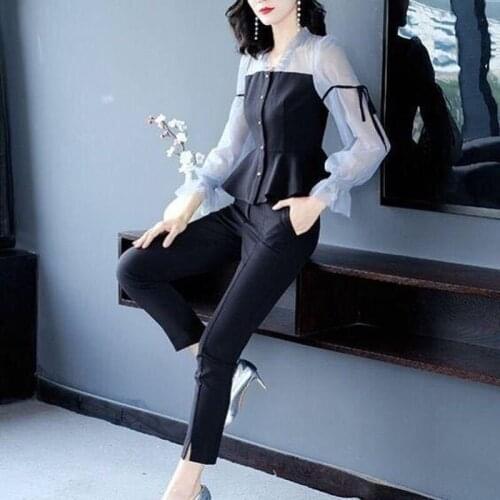 2021 Spring Women Chiffon Button Shirts and Long Straight Trousers Two Pieces Sets Female Casual Solid Patchwork Tracksuits E57