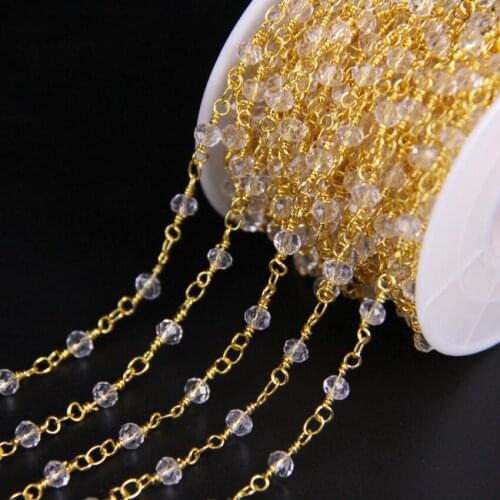 3x4mm Clear Crystal Glass Faceted Rondelle Link Gold Chain,Brass Wire Wrapped Rosary Chain,DIY Bracelet Earrings Necklace