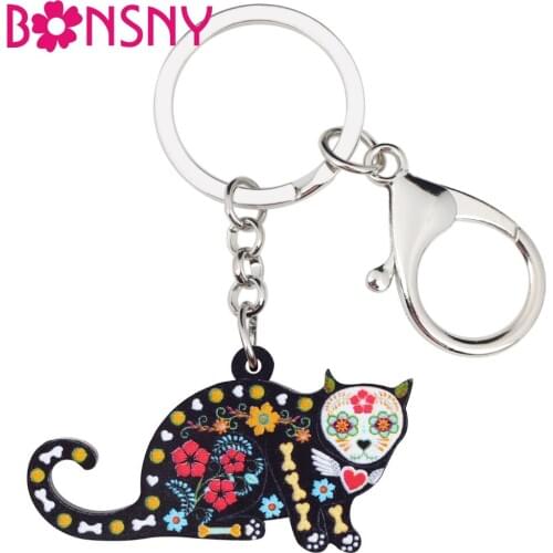 Bonsny Acrylic Halloween Elegant Mysterious Cat Kitten Key Chains Anime Keyrings For Women Girl Ladies Handbag Car Charms Bulk