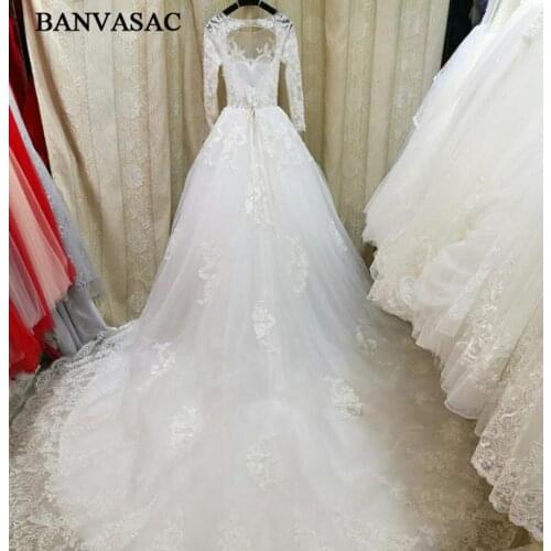 BANVASAC 2017 New Elegant Embroidery O Neck Wedding Dresses Lace Full Sleeve Satin Court Train Bridal Ball Gowns