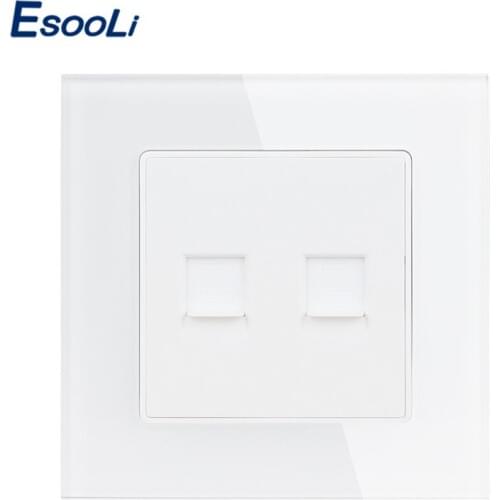 Esooli White Luxury Crystal Glass Panel Double RJ45 Internet Data Computer Jack CAT5E Connector Outlet Wall Socket