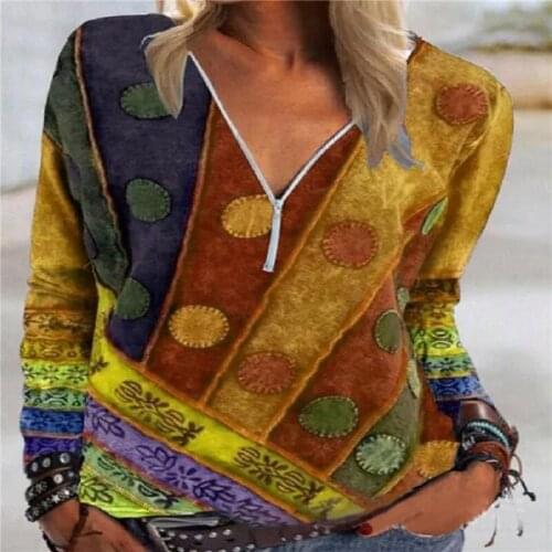 Bohemian Tops Vintage Oversized T-Shirt WomenS Retro Print Long Sleeve Zip V-Neck Casual PUllover Tops Women Shirts