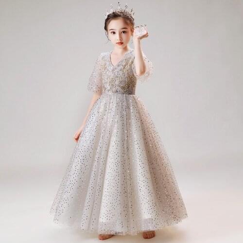 Flower Girl Dresses Ball Gown V-Neck Floor-Length Half Sequined Tulle Beading Regular Lace Luxury Princess Kids Party Dress D170