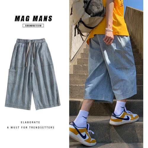 Cargo Jeans Mens Denim Workwear Cropped Pants Man Summer Loose Straight Wide Leg Shorts Fashion Brand Calf-Length Pants Blue