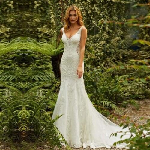Eightale Wedding Dresses Boho V-Neck Appliques Lace Wedding Gowns Sexy Backless Mermaid Bride Dress 2019 vestido novia